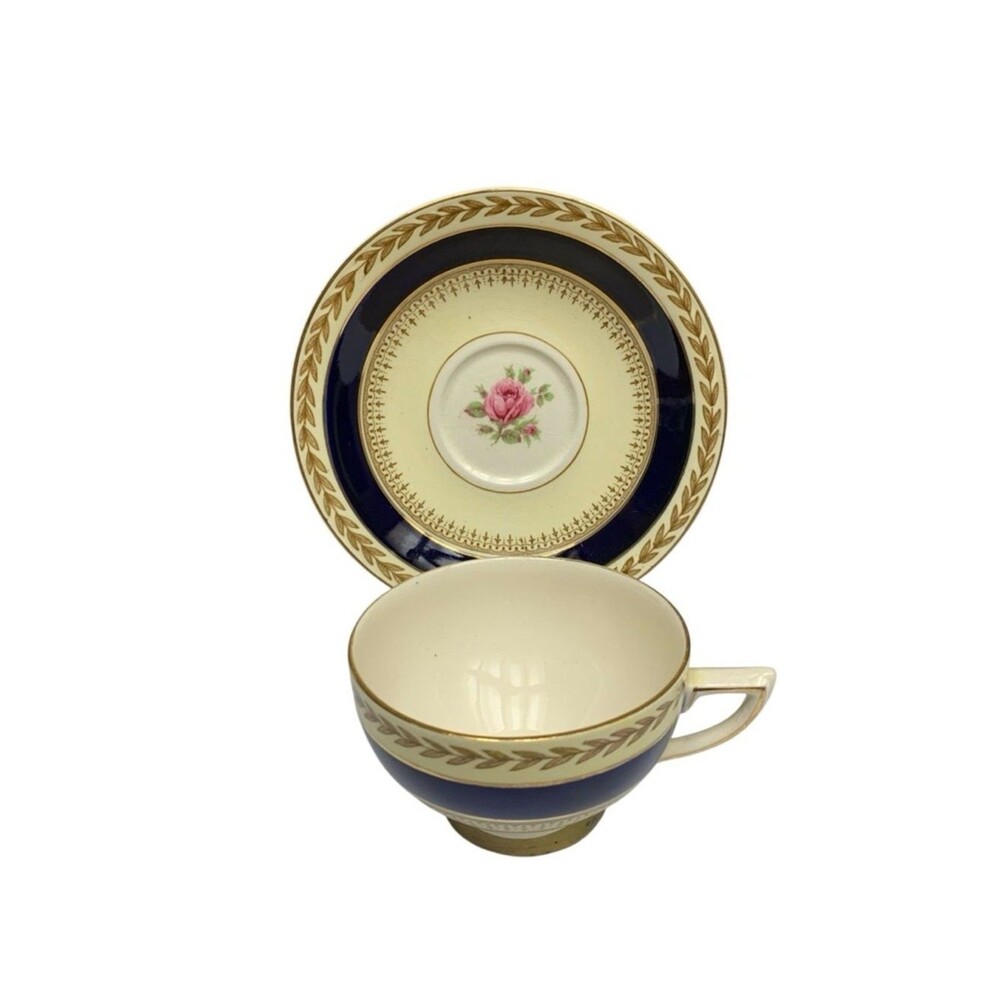 Vintage Crown Ducal England Demitasse Teacup Saucer Pink Rose Cobalt Blue Set